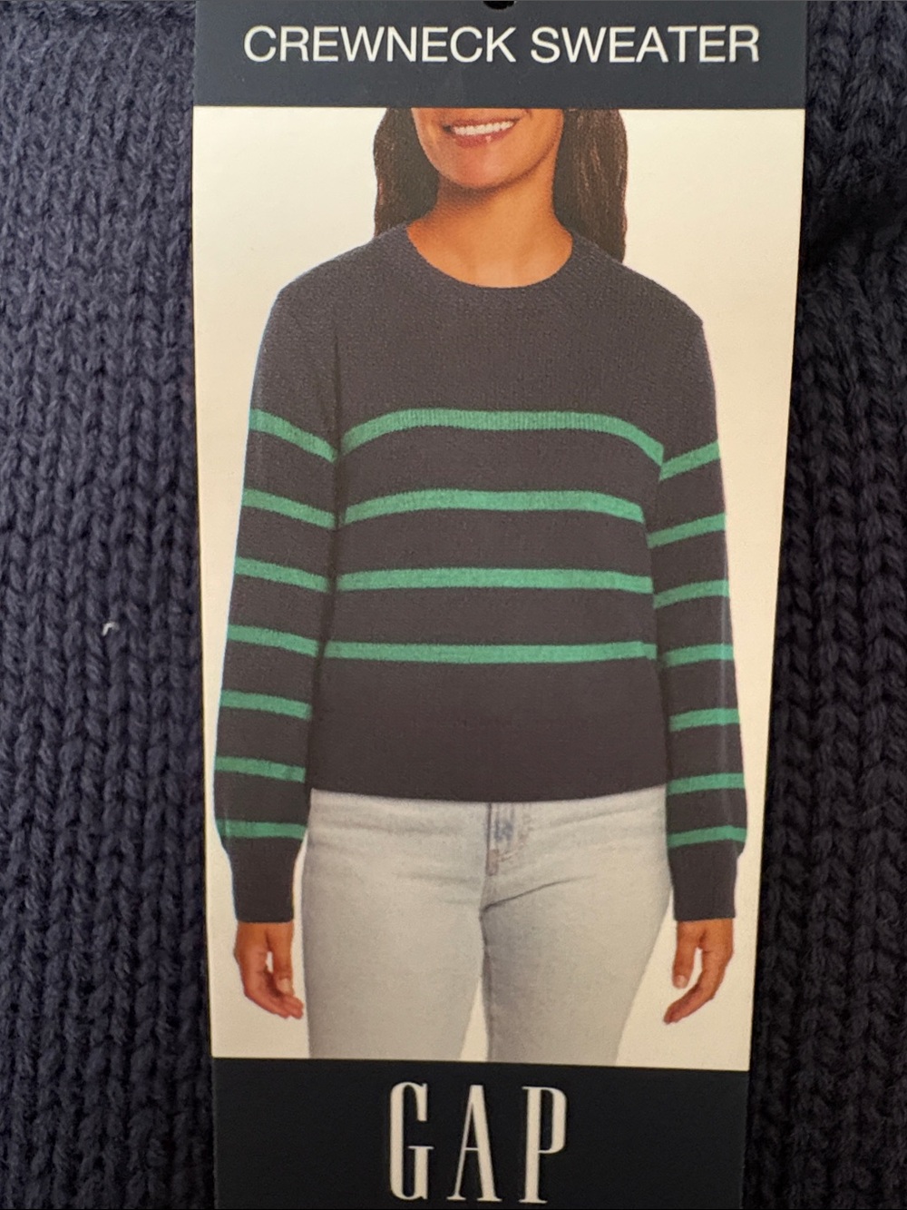 GAP Navy Crewneck Navy Blue Sweater with Green Stripes 100% Cotton XL Heritage
